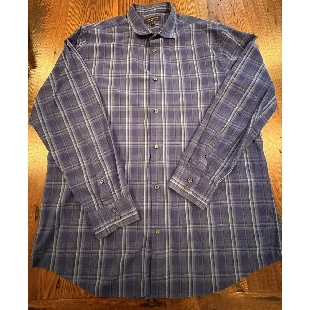 Banana Republic Mens Blue Plaid Stretch Tailored Slim Fit Button Down Shirt XL